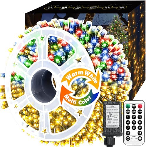 Voolex Luces Navidad Exterior 60M 600 LED, Guirnalda Luces Cadena de Luz Regulable, Blanco Cálido y Colores 11 Modos Luces de Árbol Navidad con Control Remoto Temporizador Decoración Casa Fiesta