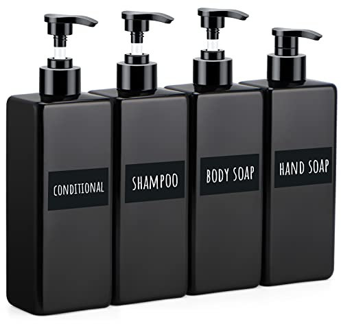 Segbeauty Seifenspender Schwarz, 500 ml 4er-Set Kunststoff Pumpflasche zum Befüllen, inkl. Bad Wasserdichtes Etiketten, Leerspender für Shampoo, Lotion, Conditioner, Body Soap, Hand Soap