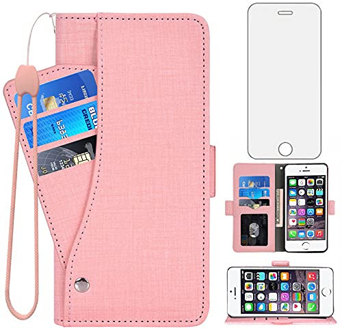 Asuwish Compatible with iPhone 5S 5 SE 2016 1 1st Gen 5SE Wallet Case and Tempered Glass Screen Protector Flip Cover Card Holder Cell Phone Cases for iPhone5 iPhone5s iPhoneSE iPhone6se i 6SE Pink