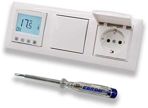 Halmburger Raumthermostat Raumtemperaturregler ERD-55rg DIGITAL in Busch Jäger Balance Si alpinweiß Lichtschalter Klappsteckdose + EBROM Phasenprüfer zur Montage der Geräte ERD-55 (rg) Fußbodenheizung