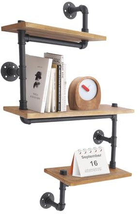 Vintage Industrial Wandregal Holz Industrierohr Regale Schweberegal Hängen Rohr Regal 3 Ebenen für Wohnzimmer Schlafzimmer