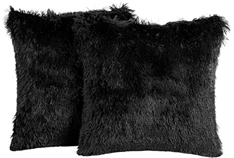 Sienna Fluffy Shaggy 2 Stück Kissenbezug 45 x 45 cm Quadratisch Lange Weiche Faser Home Sofa Kissen Couch Wende-Set Schwarz