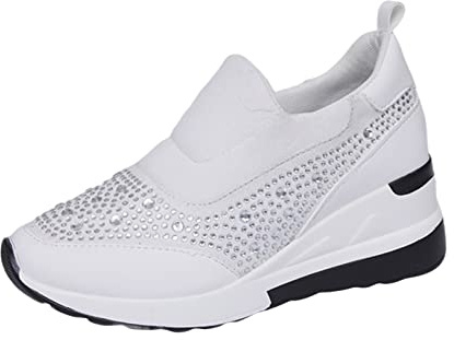 FNKDOR Scarpe da ginnastica da donna senza lacci, con strass, con zeppa, leggere, per jogging, corsa, trekking, comode e traspiranti, bianco, 37 EU