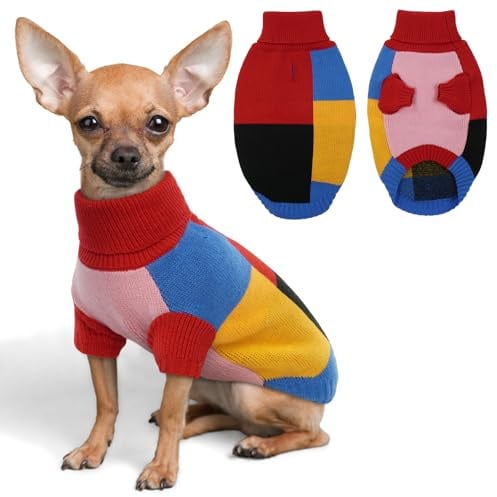 Hundepullover für kleine Hunde | gestrickter Hunde Pullover warm für Winter mit Geschirrloch und Rollkragen | gemütlicher Hundepulli für Weihnachten | Chihuahua, Yorkshire Terrier, Rainbow Pop XS