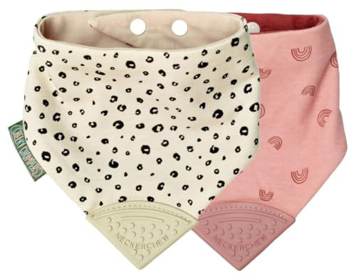 Cheeky Chompers Baby Bibs with Teether | 2 months+ Teething Bibs, Toddler Bibs | Reversible Dribble Bib & Baby Teether | Multi-Award Winning Neckerchew (Leopard & Rainbow, 2 Pack)