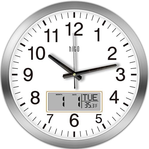 HITO 35,6 cm lautlose Wanduhr batteriebetrieben mit Temperatur und Datum, große Wanduhr für Wohnzimmerdekoration, Büro, Klassenzimmer, Schlafzimmer