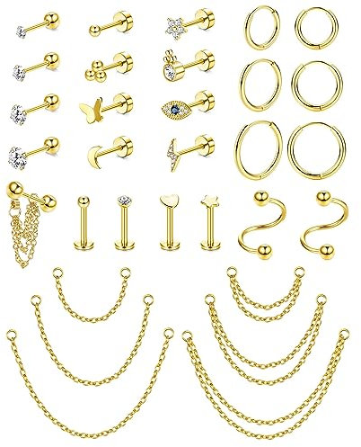 Morfetto 16G Knorpelohrringbolzen für Frauen Männer Edelstahl Knorpelbandohrring Flache Rückseite Ohrstecker Schmetterling CZ Kette Baumeln Knorpel Helix Tragus Piercing Schmuck Gold