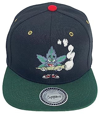 Outfitfabrik Snapback Cap Joint Hanfblatt in schwarz mit 2D-Stick, Unterseite des grünen Schirms ist rot, für Herren und Damen, One Size, verstellbar