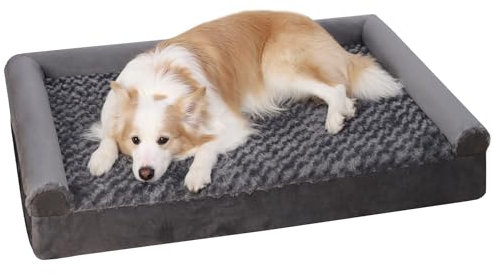 KSIIA Orthopädisches Hundebett Kleine Hunde, 75x47x16cm, Hundesofa Bezug abnehmbar waschbar, Hundecouch mit DREI erhöhte Ränder, rutschfeste Unterseite, Noppenschaumstoff Hundekorb, Grau