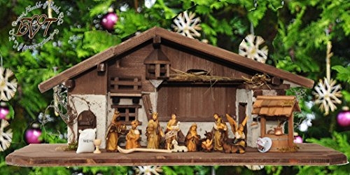 ÖLBAUM BTV Krippen aus Naturholz XXL 70 cm Krippenstall-Weihnachtskrippe, mit LED + Brunnen + Dekor, MASSIVHOLZ ANTIK-BRAUN,