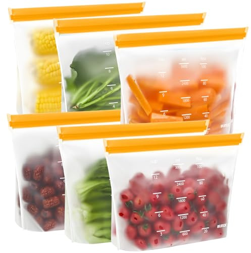 IDEATECH Gallon Freezer Bags Stand Up, Dishwasher Safe & Leakproof Reusable Gallon Bags, Extra Large & BPA Plastic Free Reusable Food Storage Bags for Meats, Veggies(6 Pack)