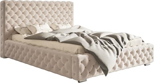 Emporius Doppelbett Chesterfield 180x200 cm Adonis - Polsterbett mit Bettkasten, Lattenrost, Samtstoff, Glamour Stil - Beige (Amor Velvet 4304)