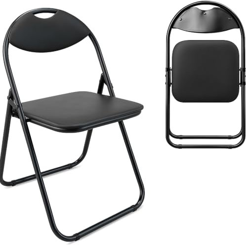 Meown Folding Chair Padded Paris Faux Leather, Black, Comfortable Space Saving Foldable Dining & Office Chairs, Durable Steel Frame with Soft Cushion Seat, Portable & Easy to Store, Max Weight 114 kg