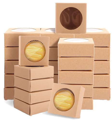 FWEEK 35 Stück Kraftpapierboxen mit Fenster, 8x8x3cm Kraftpapier Box Braune Bäckerei-Box, Kraftpapier Boxen mit Transparentem Sichtfenster für Backkekse Süßigkeiten Hochzeitsfeier Gefälligkeiten