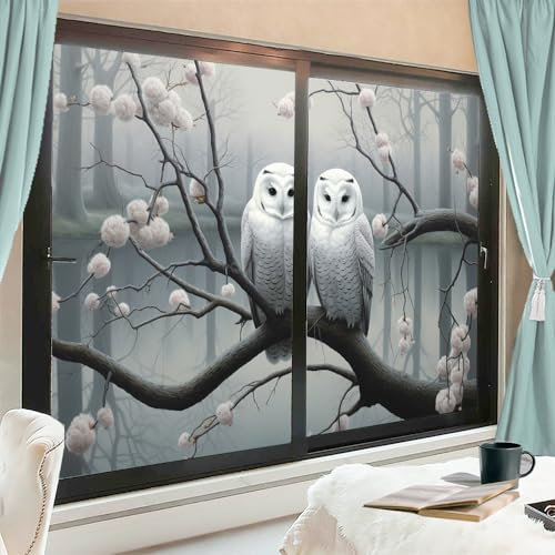 AEMYSKA Retro weiße Eulen Fensterfolie Sonne blockieren Baum Vogel Tier See Haus Fenster Tönungsfolie Kein Kleber Glas Haftabdeckungen für Zuhause Dekorativ 90 x 140 cm x2 Stück