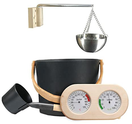 Genikeer Saunakübel Set Schwarz, 7L Aluminium Saunakübel Saunakelle Mit Langem Griff Löffel, Sand Sanduhr Saunareimer Für Dampfbad, Sauna Eimer Set Essentielles Spa Zubehör Für Spa Und Heimsauna