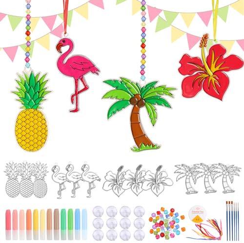 LOHAME 12 Stück Hawaii Basteln Kinder Hawaiianische Sonnenfänger Bastelset Flamingos Ananas Hibiskus zum Bemalen Tropische Kreativset für Mädchen Jungen Sommer Aloha Tiki Luau Party Kindergeburtstag
