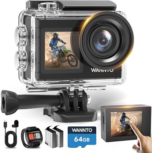 WANNTO Action Camera 5K 24MP Motion 5 Pro, WiFi EIS 170° Wide Angle Dual Screen 40M Waterproof Underwater Camera for Snorkeling, with External Microphone, Charger (With 64GB microSD Card)