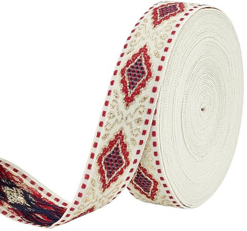 FINGERINSPIRE 9.1 m Jacquardband Besatz 22mm Breit Feuerziegelfarben Boho Besticktes Webband Polyester Rhombus Gewebe Schrägband Für DIY Kleidung Taschen Nähen Basteln Heimdekoration