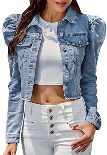 Jean Denim Jacket For Women UK Ladies Summer Puff Sleeve Vintage Crop Denim Coat Classic Wash Faded Slim Fit Mid Long Coat Denim Jacket Top