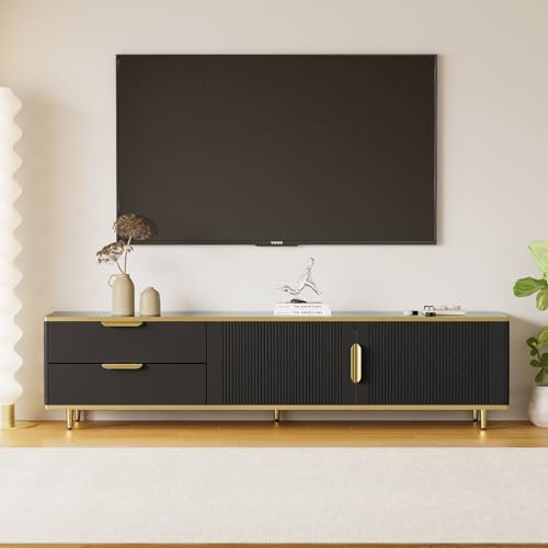 Sweiko Meuble TV bas avec texture sculptée, armoire avec poignées et pieds dorés, meuble de salon avec texture marbre (noir, 175 x 40 x 45 cm)