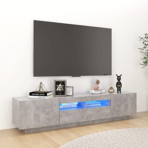Homgoday Meuble TV avec Lumières LED Gris béton 180x35x40 cm Banc TV, Support de Télévision avec Étagères et 2 Compartiments avec Portes, Armoire TV pour Salon, Chambre