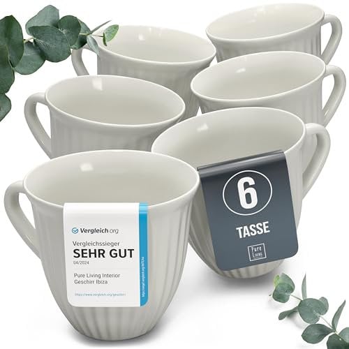 Set of 6 Stoneware Mugs - Coffee Mug Set - Modern, Dishwasher, Microwave, and Scratch Resistant - Stylish Tea and Coffee Mug Set - Coffe Cup - Elegant Grooved Mugs in Beige