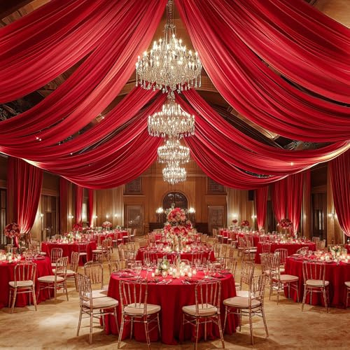 Htper 10ft x 20ft Red Ceiling Drapes for Wedding Parties, 2 Panels Wrinkle Free Thick Polyester 20ft Extra Long Wedding Draping Red Ceiling Curtains Arch Drapery for Birthday Party Canopy Tent Decor