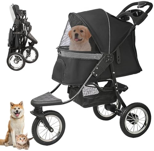 Joyfultails Hundewagen Klappbar mit Getränkehalter bis 30 kg, Schwarz | Hundebuggy, Katzenbuggy, Haustierbuggy, für Große und Mittelgroße Hunde Katzen