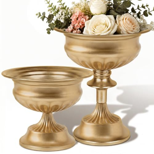 WORTH Gold Color Urn Vases for Centerpieces Set of 2 (Large: 8.8 H x 7.8 Dia. & Small: 6.1 H x 7.8 Dia.) - Classic Metal Trumpet Flower Pots for Table, Bowl Vase for Wedding Party Event Home Decor