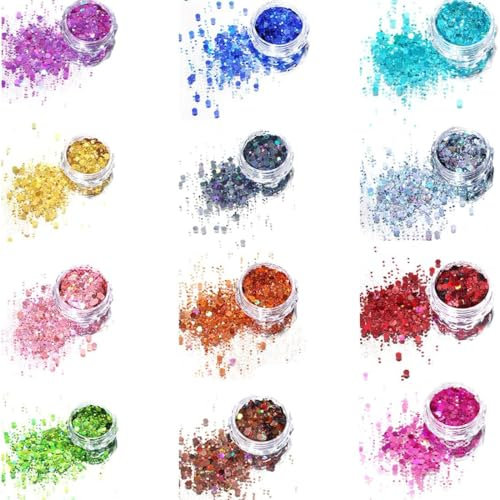 Glitter, 12 Farben Festival Glitzer Gesicht, Halloween Schminke Make-up, Körperglitzer Zubehör für Nägel Augen Lippen Haare Körper