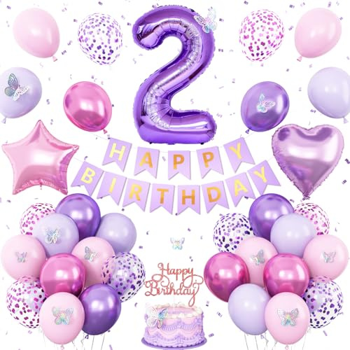 2nd Birthday Decoration for Girls,Pink Purple 2nd Birthday Balloon Number 2 Balloon with Butterfly Stickers Star Heart Foil Balloons Banner for 2 Year Old Party Decor