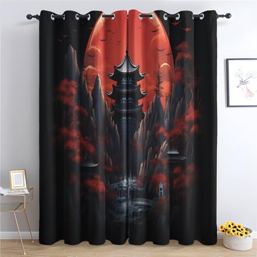 Luxfieo Japanisch Vorhänge Asiatisch Orientalisch Vorhang Blickdicht Gardinen 175 cm Hoch Verdunklungsvorhänge mit Ösen Thermovorhang für Wohnzimmer Schlafzimmer Fenster Deko 2er Set W#146