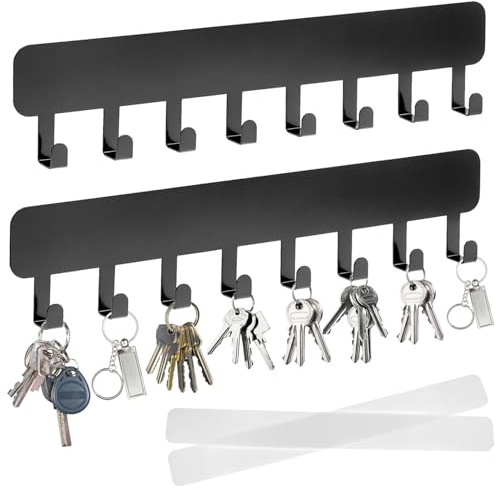 QWORK® 2 Stück Schlüsselbrett Ohne Bohren mit 8 Haken, Selbstklebende Schlüsselleiste, Schwarz