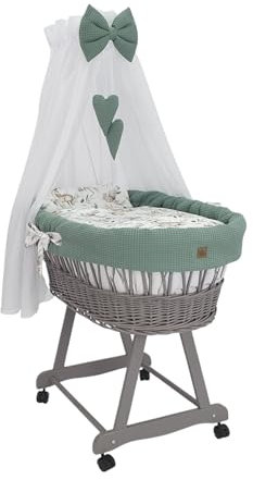 Wiklinopol Moseskorb mit Baldachin Lena – Baby-Stubenwagen aus Weide mit Gestell – Babykorb in Grau, Komplettset mit 5-TLG. Waffel-Bettwäsche Rehkitz Khaki – Mit Rollen, Tragbar, Sicher