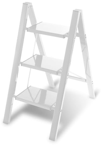 Eikuavons Trittleiter, Haushaltsleiter 3 Stufen Klappbar, Klapptrittleiter Stehleiter, Aluminium Tritthocker, rutschfeste Leiter mit Klappsicherung, Klappleiter für, Belastbar bis 150kg, Weiß