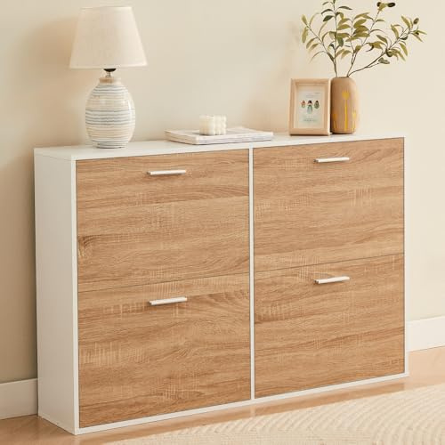 CASABEL Schuhschrank mit 4 Klappen – Schuhregal Holz & Weiß, Modernes Design, Große Kapazität für 24 Paar, Praktischer Stauraum für Flur, Eingang, Wohnzimmer, L114xT24xH83 cm