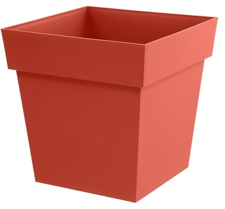 EDA - Pot de Fleur Carré Toscane 39 cm - 38 L - Intérieur & Extérieur - Zone de rétention d'eau pour Limiter l'Arrosage - Plastique Recyclé - 39 x 39 x H. 39 cm - Orange Terre Battue