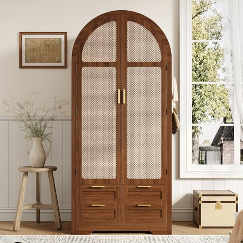 Merax Moderner Kleiderschrank 80x50x179cm, mit gebogenen Rattan-Türen, Kleiderstange und Schubladen, großer Stauraum, Garderobenschrank für Schlafzimmer und Eingangsbereich, dunkle Holzfarbe