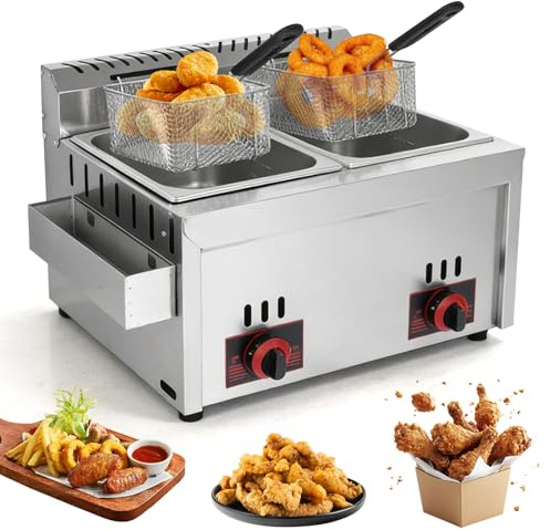 Friteuse à gaz commerciale, 6 l + 6 l, double friteuse à gaz commerciale | avec 2 petits et 2 couvercles, chauffage rapide, température réglable pour un usage domestique commercial, restaurant,salle à