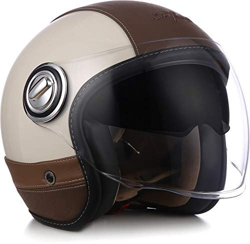 SOXON® SP-888 Pro „Urban Creme“ · Jet-Helm · Motorrad-Helm Roller-Helm Scooter-Helm Moped Mofa-Helm Chopper · ECE 22.05 Sonnenvisier Leather-Design Schnellverschluss SlimShell Tasche XS (53-54cm)
