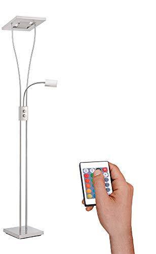 LeuchtenDirekt LED Deckenfluter mit Leseleuchte, IP 20, warmweiss, Stehleuchte, dimmbar mit Fernbedienung, RGB-Farbsteuerung, Standlampe, silber