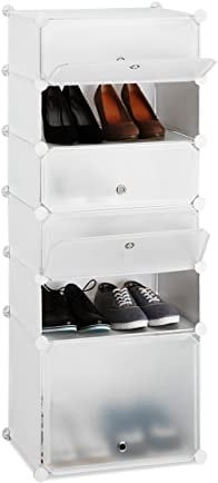 Relaxdays Schuhregal Kunststoff, Regalsystem 6 Fächer, Steckregal mit Türen, 12 Paar, DIY, HBT 52 x 37 x 9cm, weiß