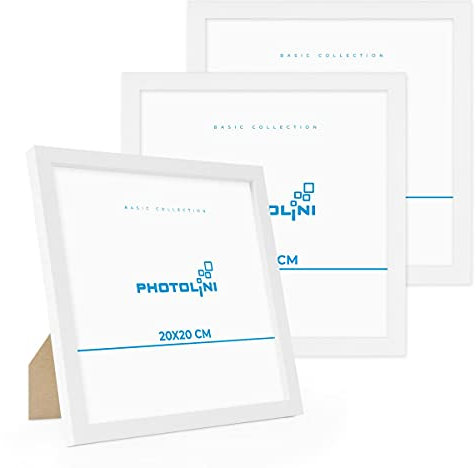 PHOTOLINI Bilderrahmen 20x20 Weiß MDF-Holz, 3er Set Poster-Rahmen, bruchsicheres Acrylglas, zum Aufhängen & Aufstellen, extra Zubehör - für Fotos & Poster