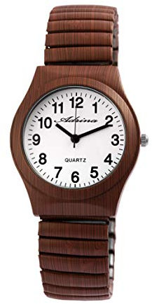 Adrina Damen-Uhr Edelstahl Zugarmband braun große Ziffern Länge 18 cm Durchmesser 34 mm Breite 18 mm Geschenke für Frauen