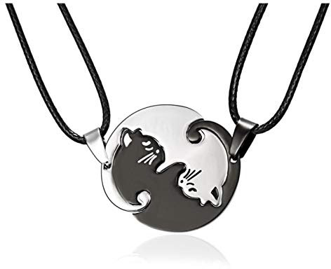 MeiPing Ying Yang Puzzle Halskette, 2 STK. Edelstahl Partner Paare Katze Anhänger Kette für Herren Damen, Rosegold/Schwarz
