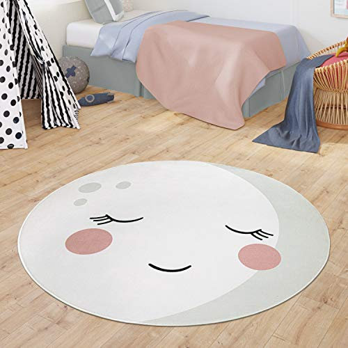 TT Home Teppich Kinderzimmer Runder Teppich Babymatte Jungs Mädchen Modernes Mond Design, Farbe:Creme, Größe:120 cm Rund