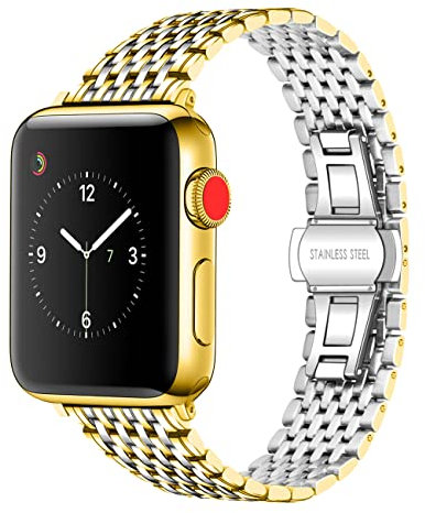 Juntan Compatible for Apple Watch 38mm 40mm 41m iWatch SE Apple Watch Series 9 8 7 6 5 4 3 2 1 Sport Edelstahl Armband Frauen Männer Silber Gold (Silberadapter)