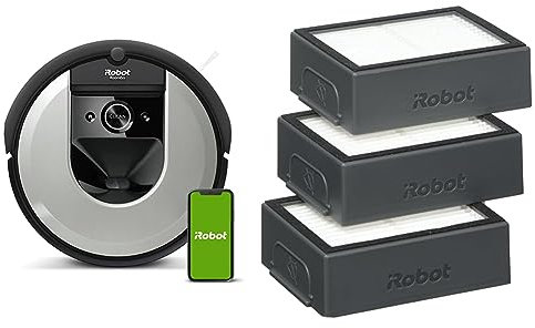 iRobot Aspirador Roomba i7156 Alta Potencia, para Mascotas, Mapea y se Adapta a tu hogar, Programa por habitación, Limpia por Objeto, Sugerencias Personalizadas + Roomba Pack de 3 filtros