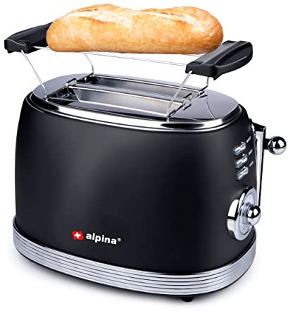 alpina Toaster 2 Scheiben - Toaster mit Brötchenaufsatz - Küchengeräte Retro - Toaster Klein Aufwärmen und Auftauen - Toaster Schwarz